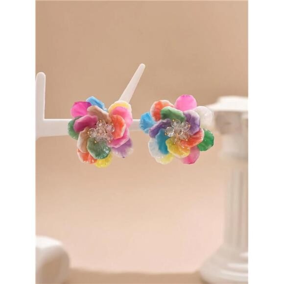Multicolor Hibiscus Flower Earrings | Layered Acrylic Petal Statement Dangles - Picture 5 of 5